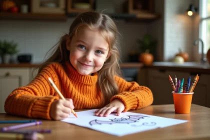 Jeune fille coloriant un dessin de chauve-souris Halloween