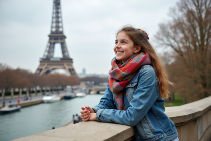 Jeune fille française souriante devant la Tour Eiffel