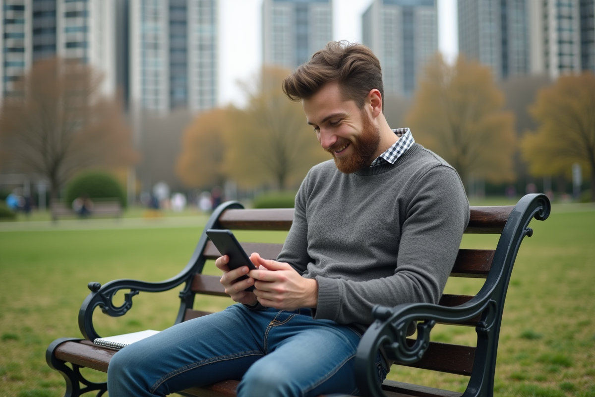 Jeune homme utilisant une application sur smartphone dans un parc urbain