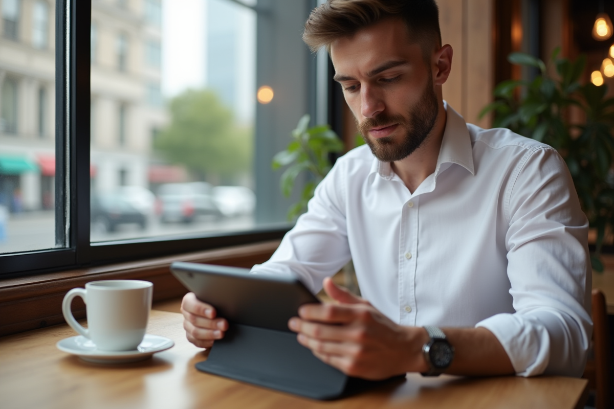 Jeune homme utilisant une tablette dans un café pour gérer ses factures