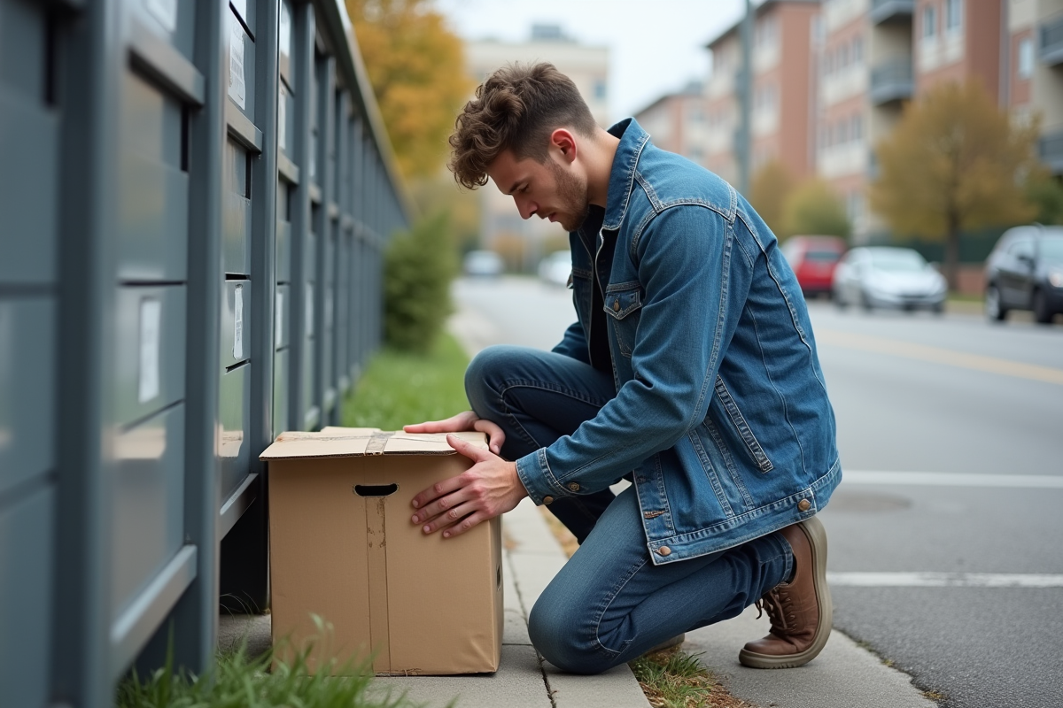 Jeune homme ouvrant un colis dans un parking urbain