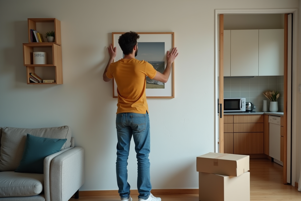 Jeune homme accrochant une photo dans un appartement