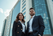 Jeune couple élégant devant un bâtiment moderne