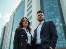 Jeune couple élégant devant un bâtiment moderne