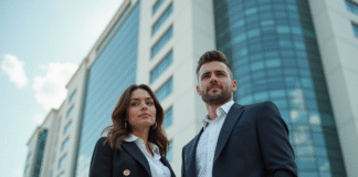 Jeune couple élégant devant un bâtiment moderne