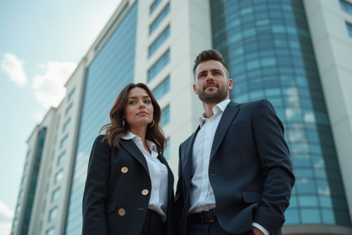 Jeune couple élégant devant un bâtiment moderne