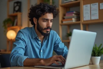 Jeune homme nord-africain concentré sur son ordinateur dans un bureau