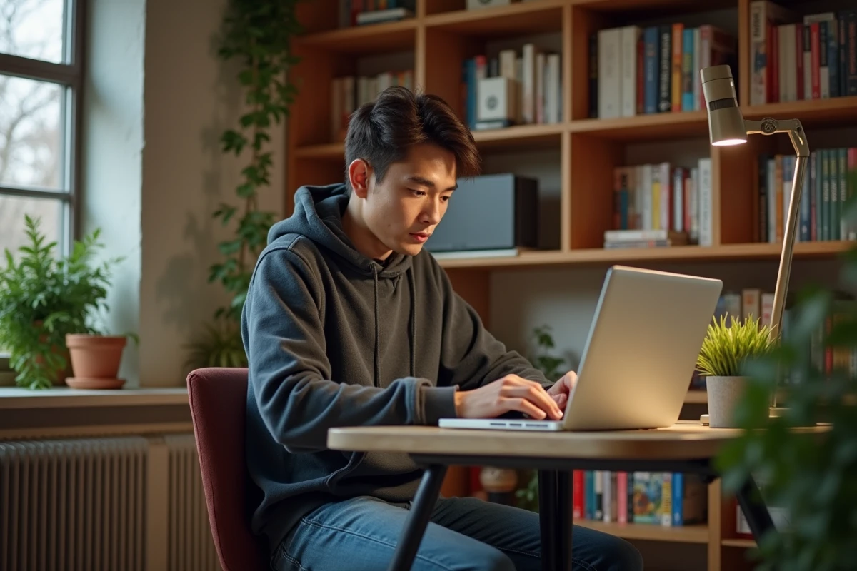 Jeune homme lisant manga sur son ordinateur à la maison