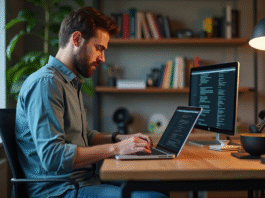 Jeune homme travaillant sur un ordinateur dans un bureau moderne