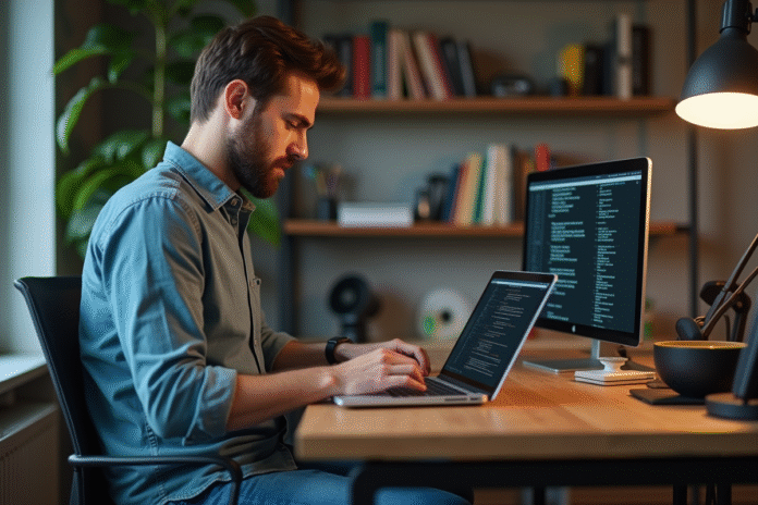 jeune-homme-ordinateur-bureau Jeune homme travaillant sur un ordinateur dans un bureau moderne