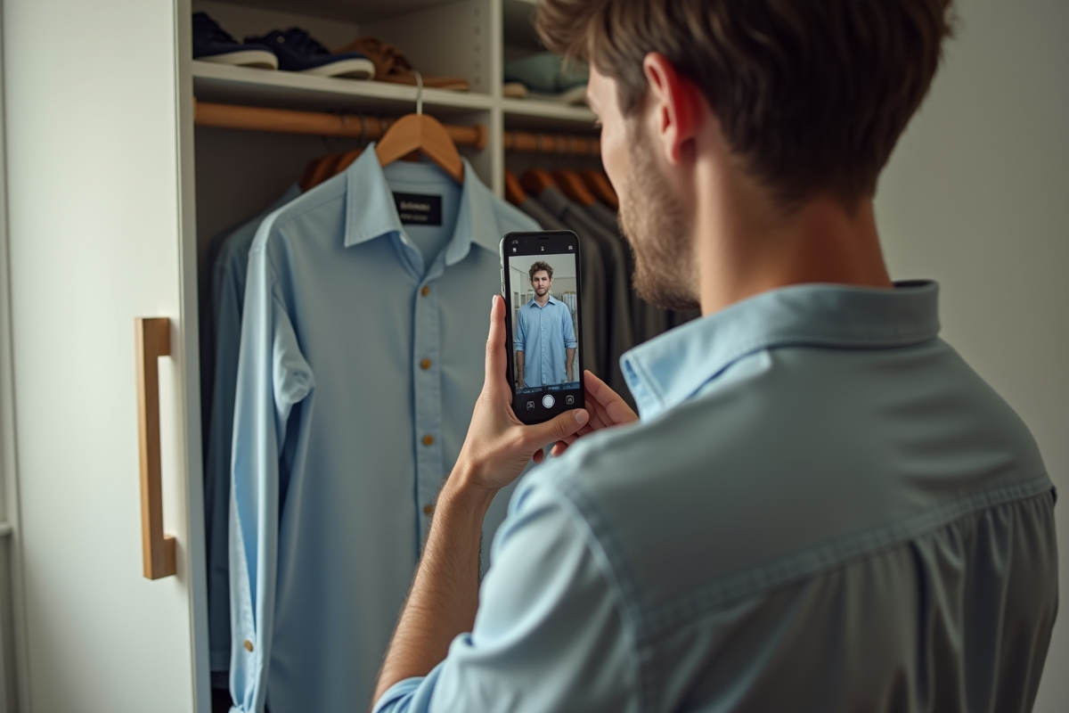 Jeune homme photographiant un shirt pour vente en ligne