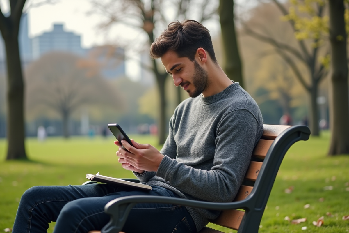 Jeune homme vérifiant ses données ETF sur smartphone au parc