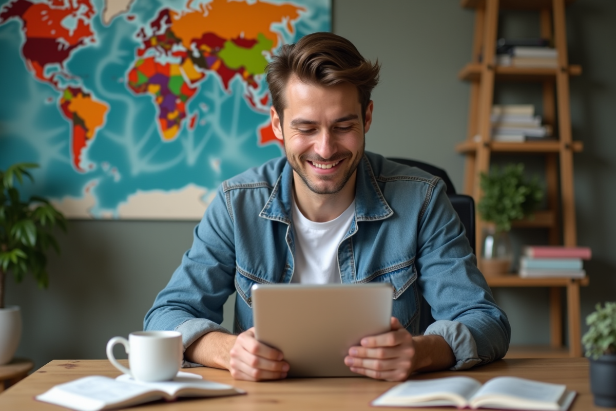 Jeune homme utilisant tablette et ordinateur dans son appartement