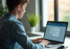Jeune professionnel utilisant un ordinateur portable dans un bureau lumineux