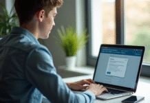 Jeune professionnel utilisant un ordinateur portable dans un bureau lumineux