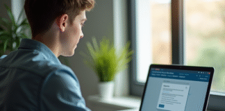 Jeune professionnel utilisant un ordinateur portable dans un bureau lumineux