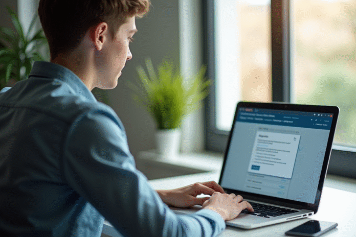 Jeune professionnel utilisant un ordinateur portable dans un bureau lumineux