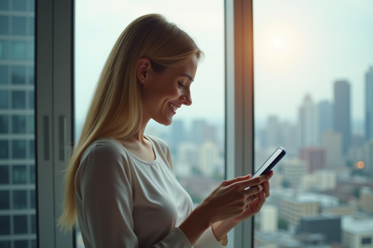 Jeune professionnel regardant son compte sur smartphone avec vue urbaine