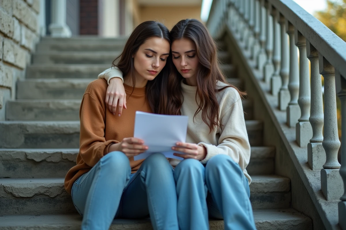Deux jeunes amies assises sur des marches urbaines, lisant ensemble une lettre émouvante, geste de réconfort et amitié profonde
