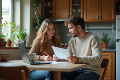 Jeune couple dans une cuisine partageant des documents