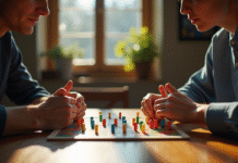 Deux personnes jouant à Mastermind avec des pions colorés