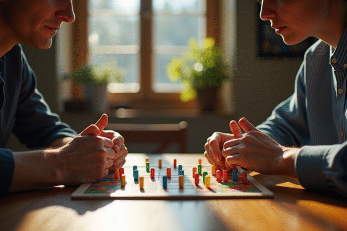 Deux personnes jouant à Mastermind avec des pions colorés