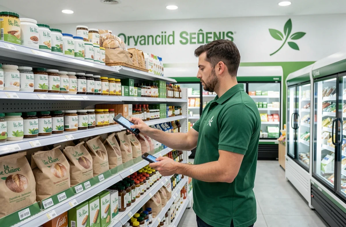 Rayon produits bio certifiés dans un magasin La Vie Claire à Sèvres avec son identité visuelle verte et blanche