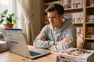Jeune homme frustré devant son ordinateur portable face à un site de lecture de manga bloqué