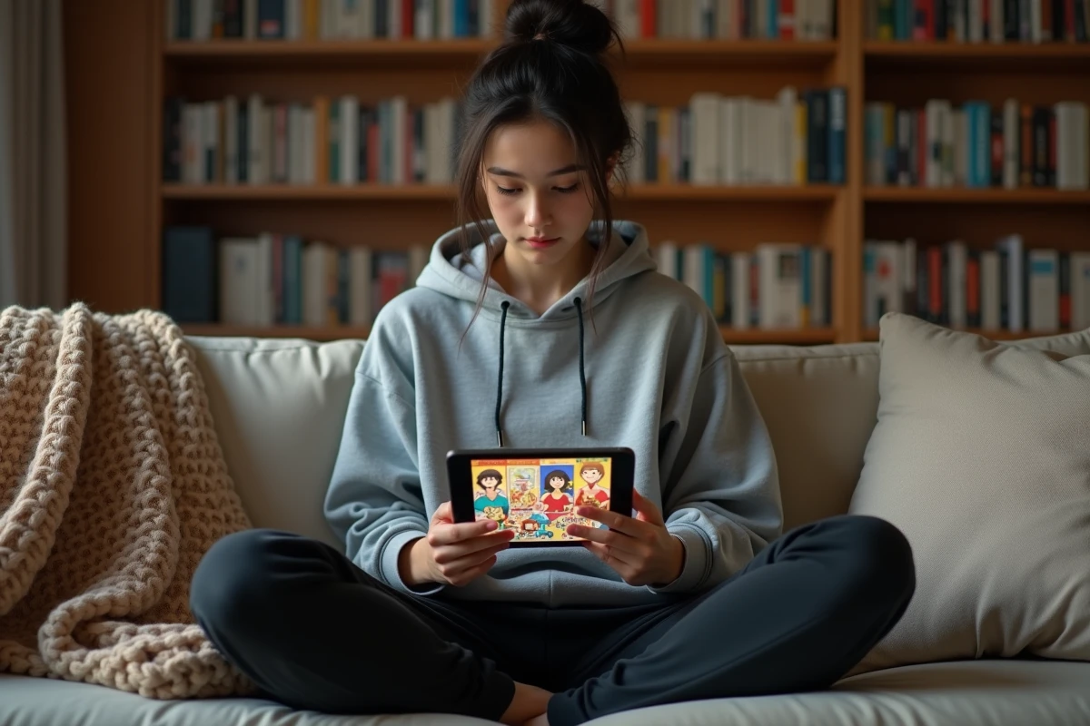Jeune femme lisant des mangas sur une tablette dans son salon, illustrant la lecture de séries en ligne gratuitement