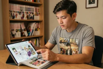 Jeune homme lisant le manga One Piece en ligne sur une tablette dans un bureau à domicile entouré de mangas