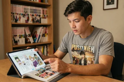 Jeune homme lisant le manga One Piece en ligne sur une tablette dans un bureau à domicile entouré de mangas