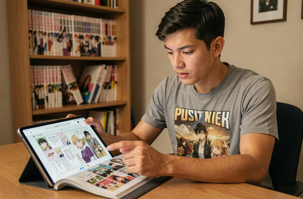 Jeune homme lisant le manga One Piece en ligne sur une tablette dans un bureau à domicile entouré de mangas
