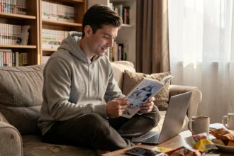 Jeune homme lisant des scans One Piece en ligne sur son ordinateur portable dans un appartement cosy entouré de mangas
