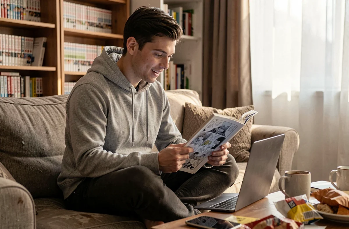 Jeune homme lisant des scans One Piece en ligne sur son ordinateur portable dans un appartement cosy entouré de mangas