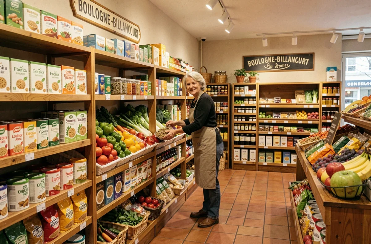 Intérieur du magasin bio Les Nouveaux Robinson à Boulogne-Billancourt avec rayons de produits biologiques locaux