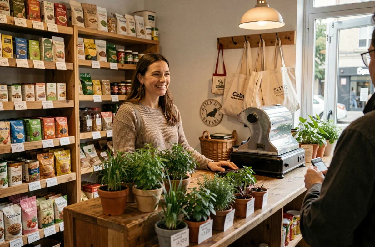 Petite épicerie bio de quartier Mag Bio à Sèvres avec son ambiance locale, ses étiquettes manuscrites et sa commerçante souriante