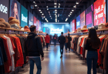Intérieur d'un magasin de mode rapide animé avec clients divers