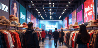 Intérieur d'un magasin de mode rapide animé avec clients divers