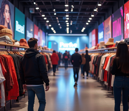 Intérieur d'un magasin de mode rapide animé avec clients divers