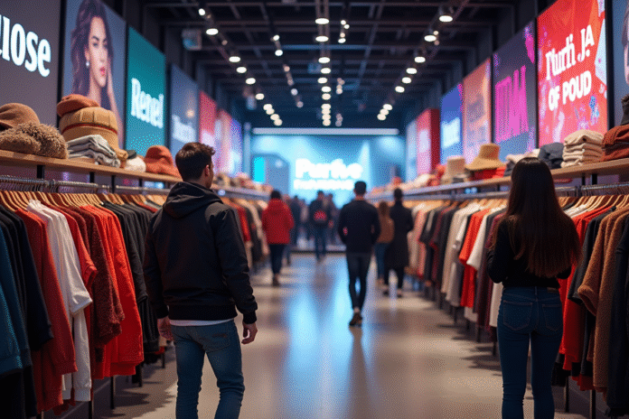 Intérieur d'un magasin de mode rapide animé avec clients divers