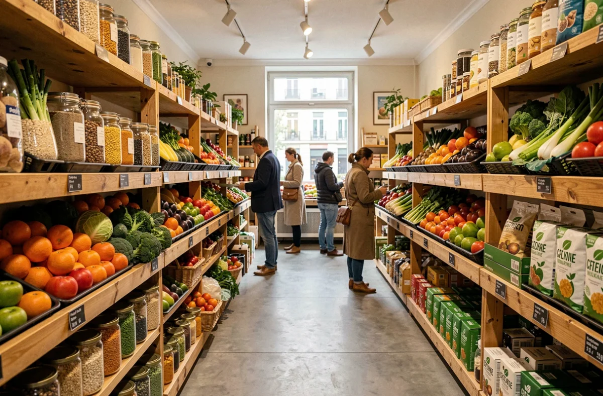 Intérieur d'un magasin bio dans les Hauts-de-Seine avec rayons de produits frais, vrac et épicerie certifiée bio