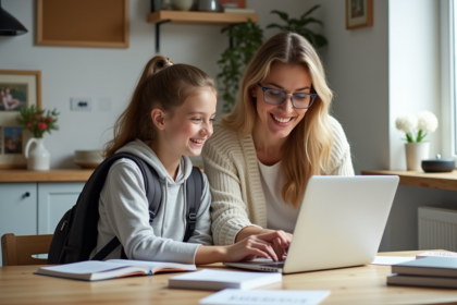 Maman et fille discutent devant un ordinateur dans la cuisine
