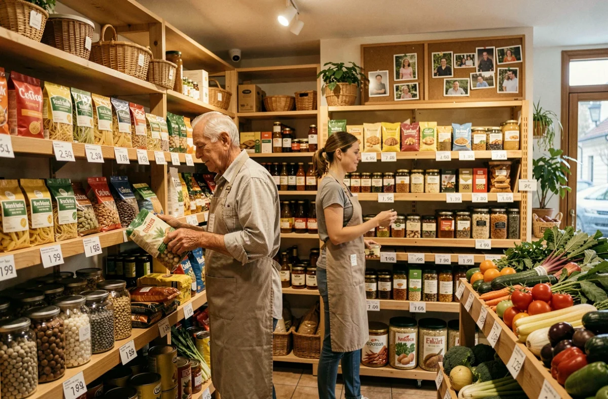 Intérieur familial du magasin Marcel et Fils à Issy-les-Moulineaux avec ses produits bio à prix accessibles et son équipe en tablier