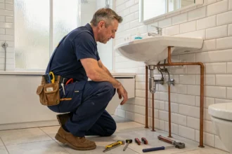 Un plombier professionnel inspecte des tuyaux sous un lavabo dans une salle de bain moderne à Metz