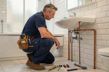 Un plombier professionnel inspecte des tuyaux sous un lavabo dans une salle de bain moderne à Metz