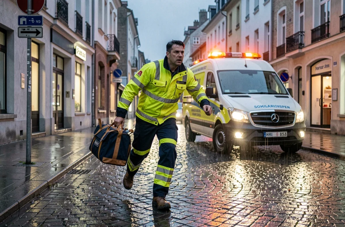 Plombier d'urgence de Moselle Dépannage intervenant la nuit dans une rue de Metz sous la pluie