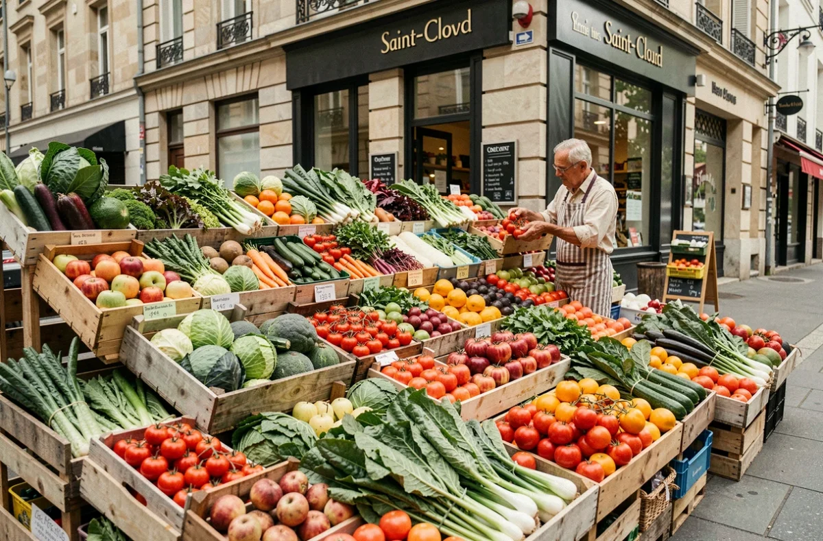 Étalage extérieur du primeur bio et conventionnel O Primeurs à Saint-Cloud avec légumes et fruits de saison