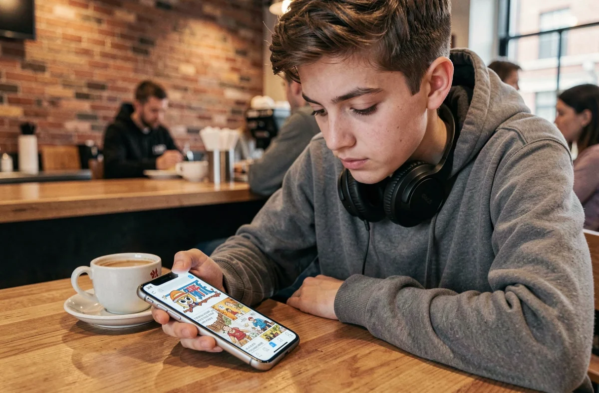 Adolescent consultant une application de lecture de scan One Piece sur smartphone dans un café urbain
