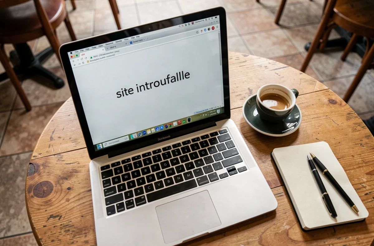Ordinateur portable affichant une erreur 404 site introuvable posé sur une table de café avec un expresso