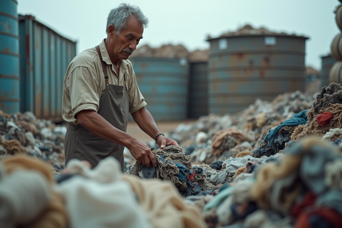 Ouvrier textile triant des tissus recyclés en extérieur